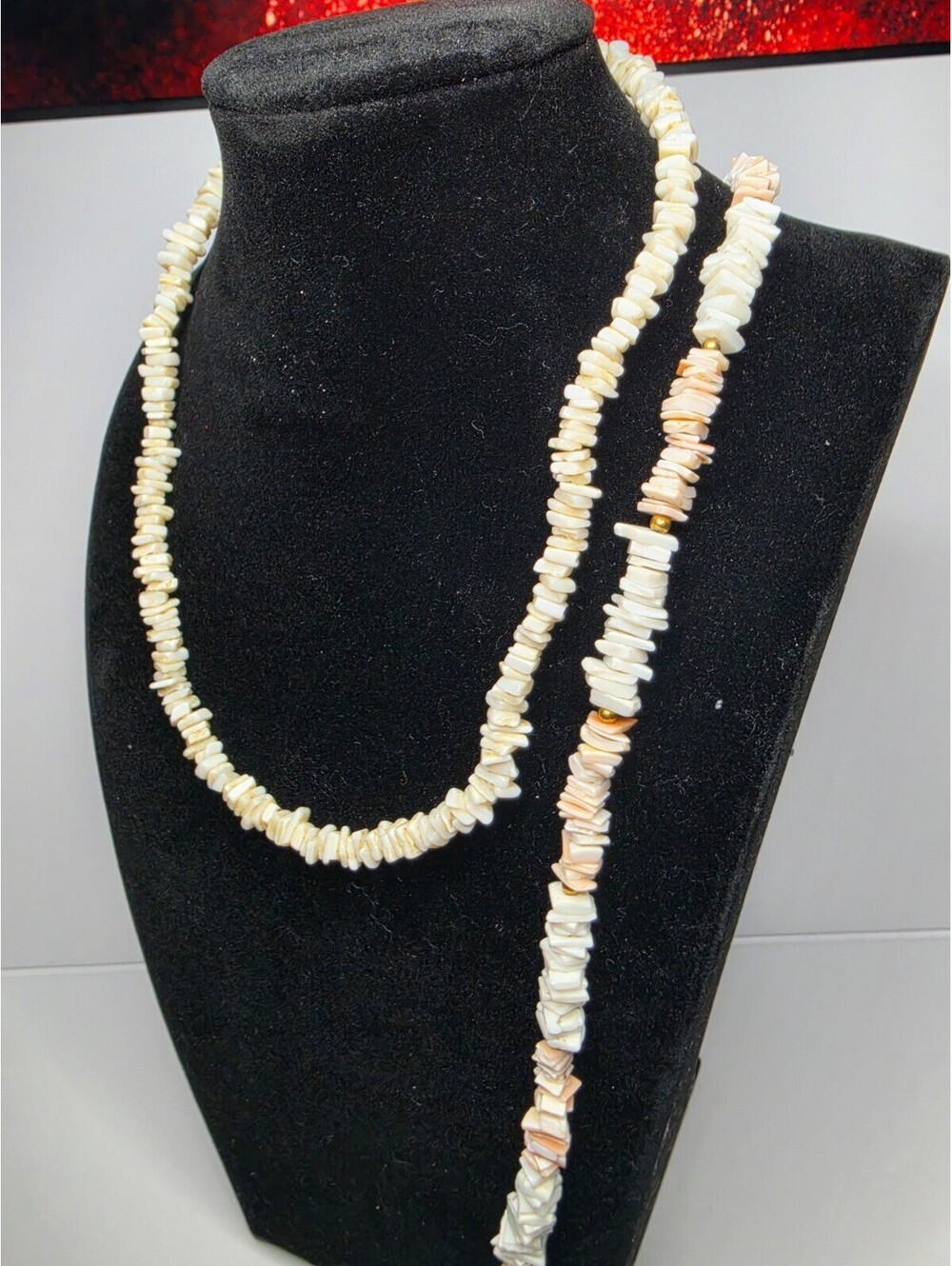 Vintage White Hawaiian Chipped Puka Shell Choker Necklace Surfer Boho 2pcs 16"